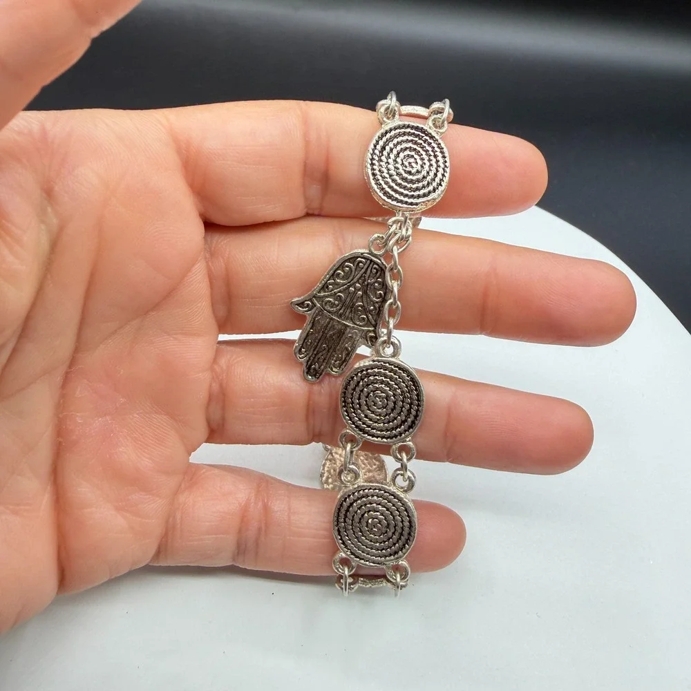 Silver Tone Hamsa Hand Charm Bracelet Spiral Medallion Boho Statement Jewelry